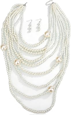 Jumwrit Vintage 1920s Pearl Necklace Layered Big Round Pearl Choker Long Necklace Statement Multi Strand Pearl Necklace Chunky Faux Pearl Costume Jewelry for Women and Girls