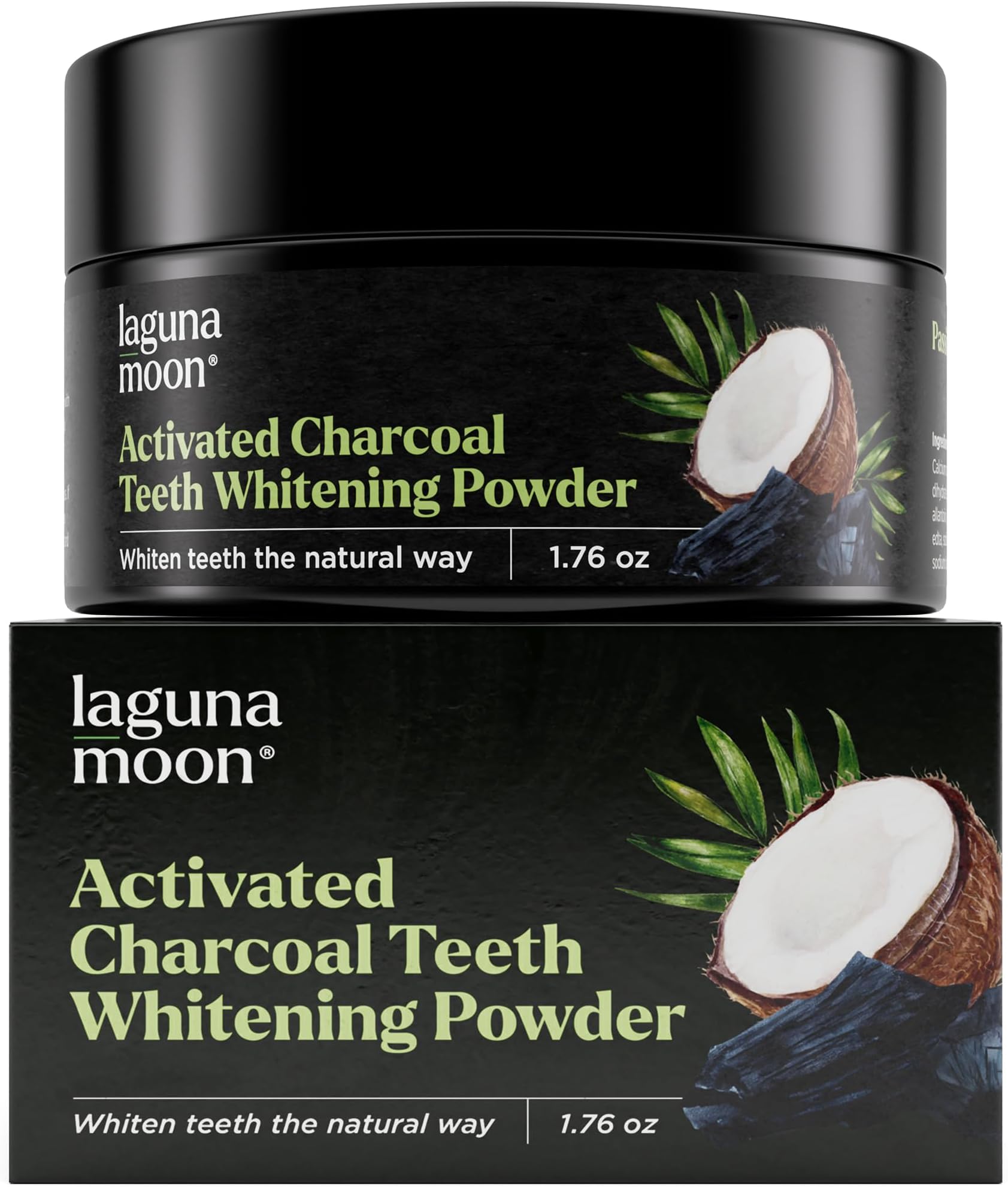 Lagunamoon Activated Charcoal Natural Teeth Whitening Powder with Bamboo Brush - No Hurt on Enamel or Gum, Alternative to Toothpaste, Strips, Kits, Gels, Upgrade 2020 Formula, 50g/1.76oz