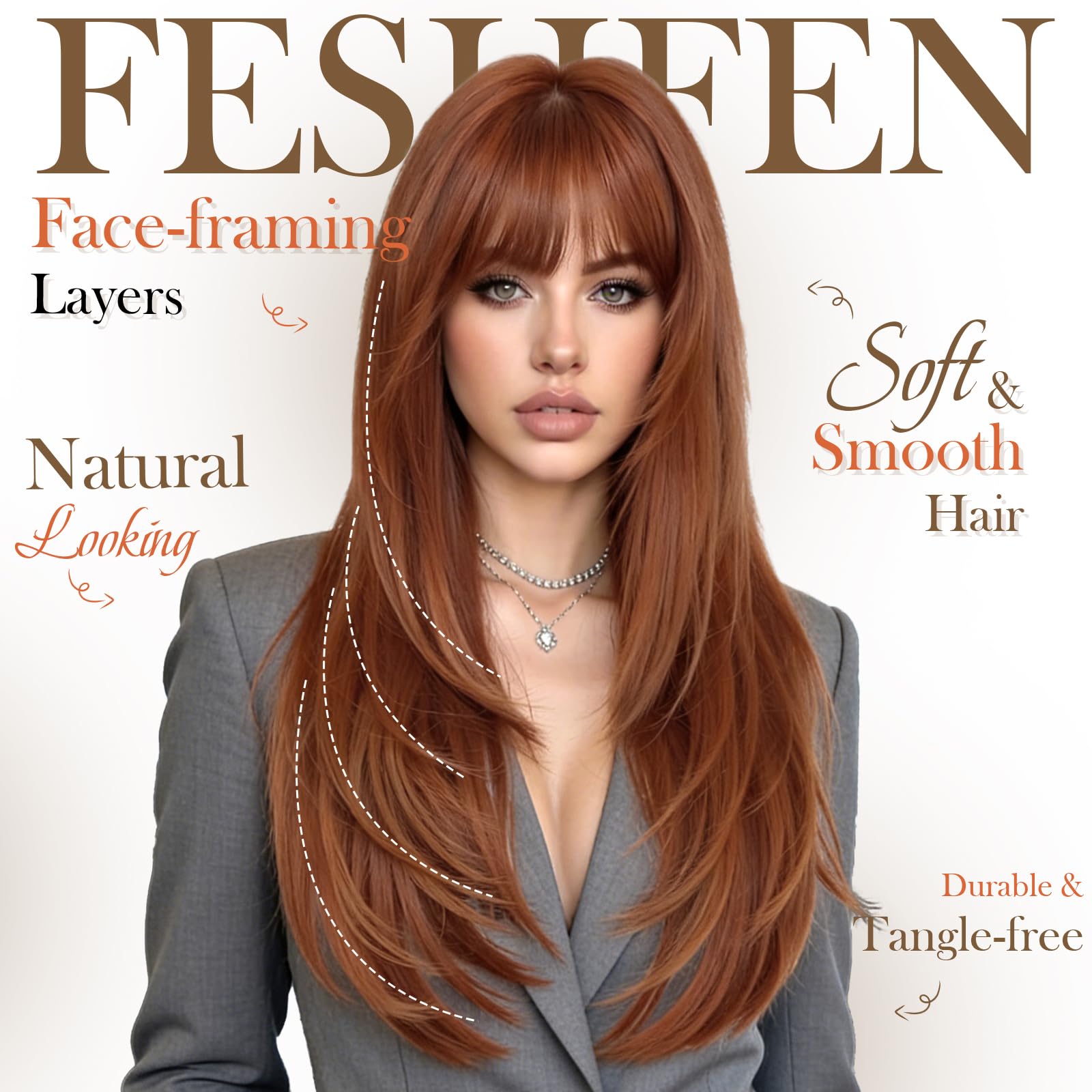 FESHFEN Lisci Parrucca con Frangia - Lunghe a Strati Rame Rosso Parrucche per Donna Naturali Sintetico Parrucca Capelli Lunghi Dritto Layered per Festa Quotidiano, 60 cm