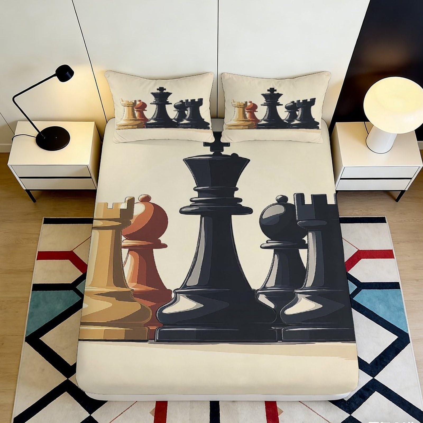 3D Printed Chess King Fitted Sheet Microfiber Soft Black White Chessboard Bed Sheet for Bedroom Dorm Mattress Decor 90x200x25cm