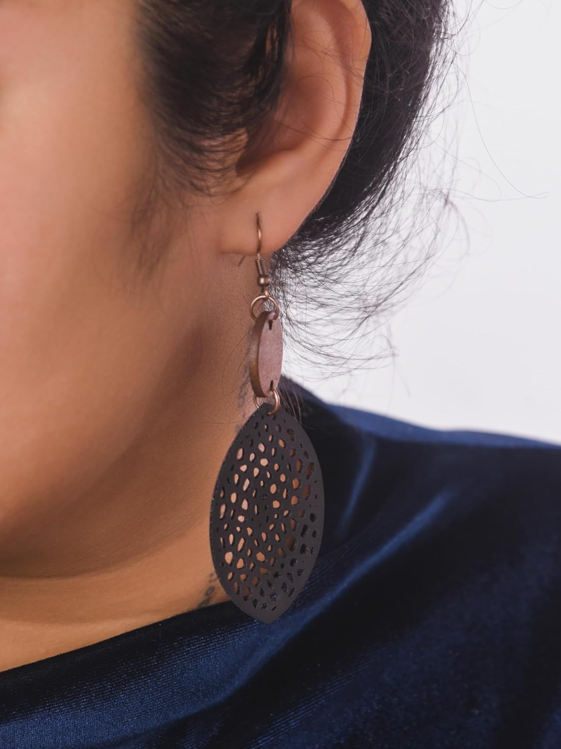 MINACHI Bohemian Hollow Cut-Out Wood Leather Dangle Drop Earrings, Boho Chic Hippie Statement Jewelry Gift for Women - Image 5