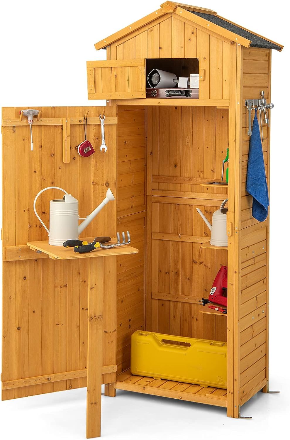 FANTASK Armadio da giardino in legno con tavolo e porta pieghevoli, resistente alle intemperie, capanno degli attrezzi con 8 ganci, capannone in legno con tetto a capanna per attrezzi da giardino