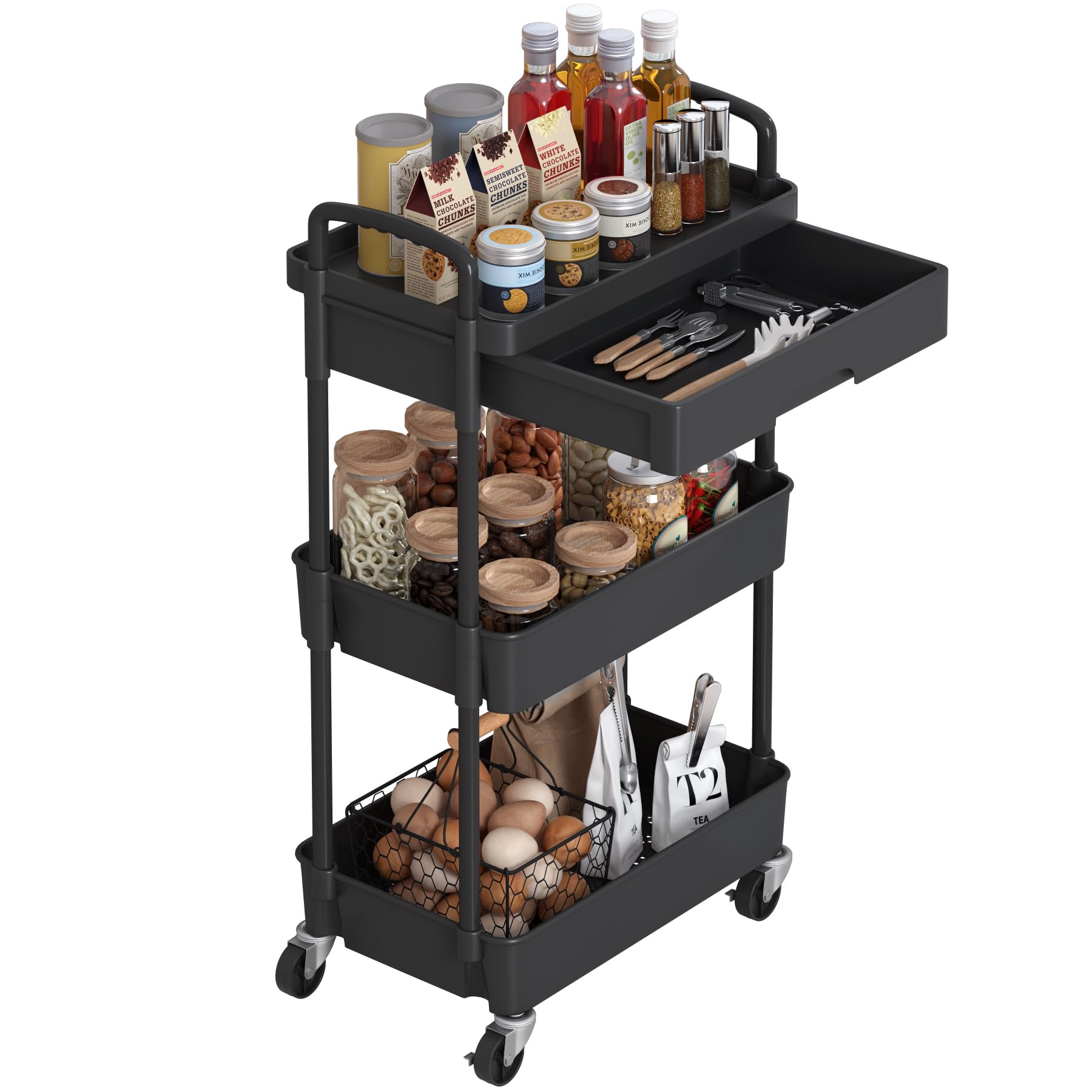 Dttwacoyh, Pratico carrello portatile a 3 livelli con cassetti, carrello portaoggetti con ripiani in plastica, adatto per uffici, cucine, lavanderia, bagno, trucco, nero