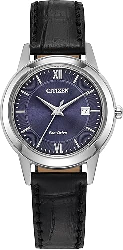 CITIZEN Reloj clásico Eco-Drive con correa de cuero para mujer con fecha de 3 manecillas