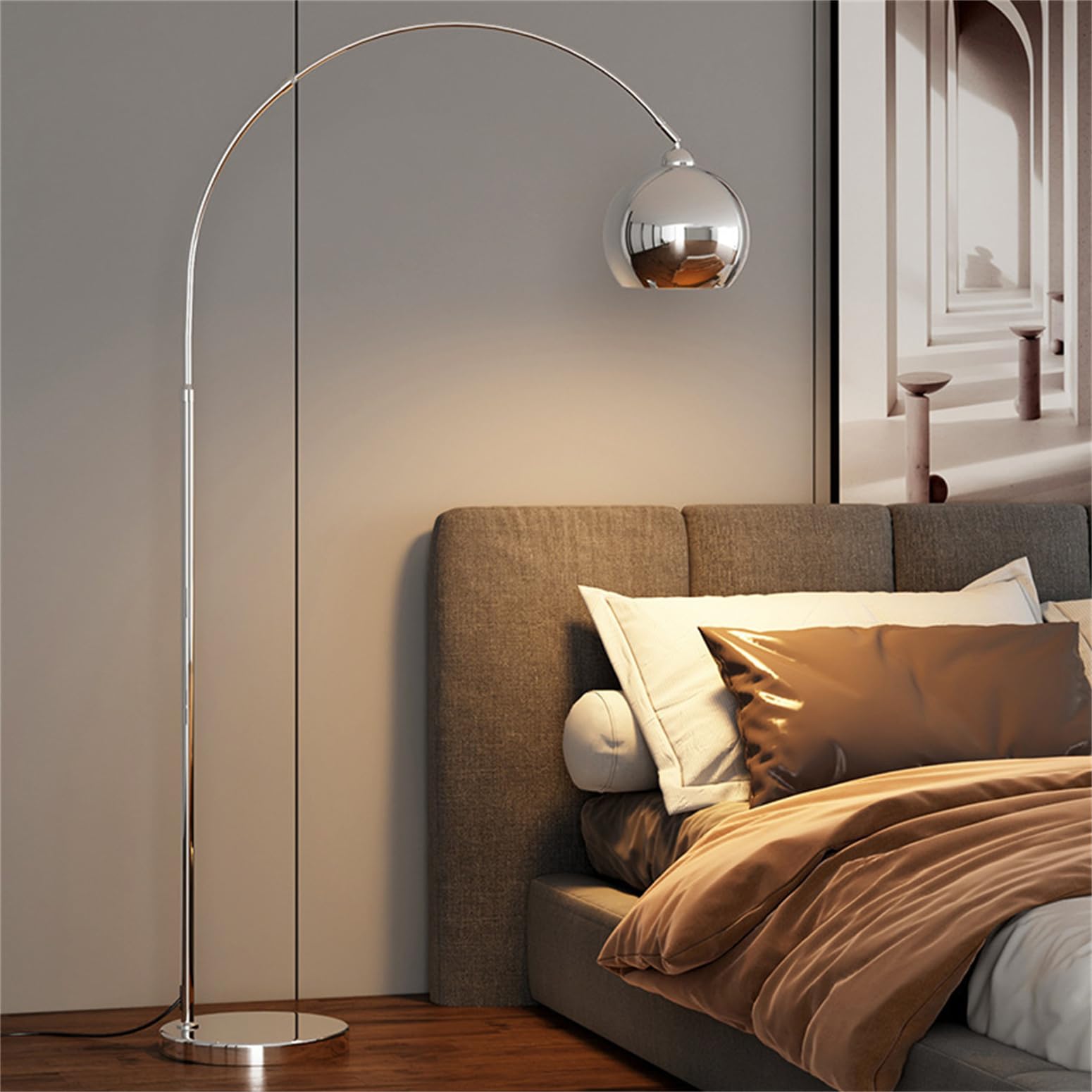 Leomix Chrome Arc Floor Lamps For Living Room,195Cm Modern Tall Standing Lamp Metal Floor Lamp With Adjustable Hanging Dome Shade,Over Couch Mid Century Arched Reading Lamp For Bedroom,Office,