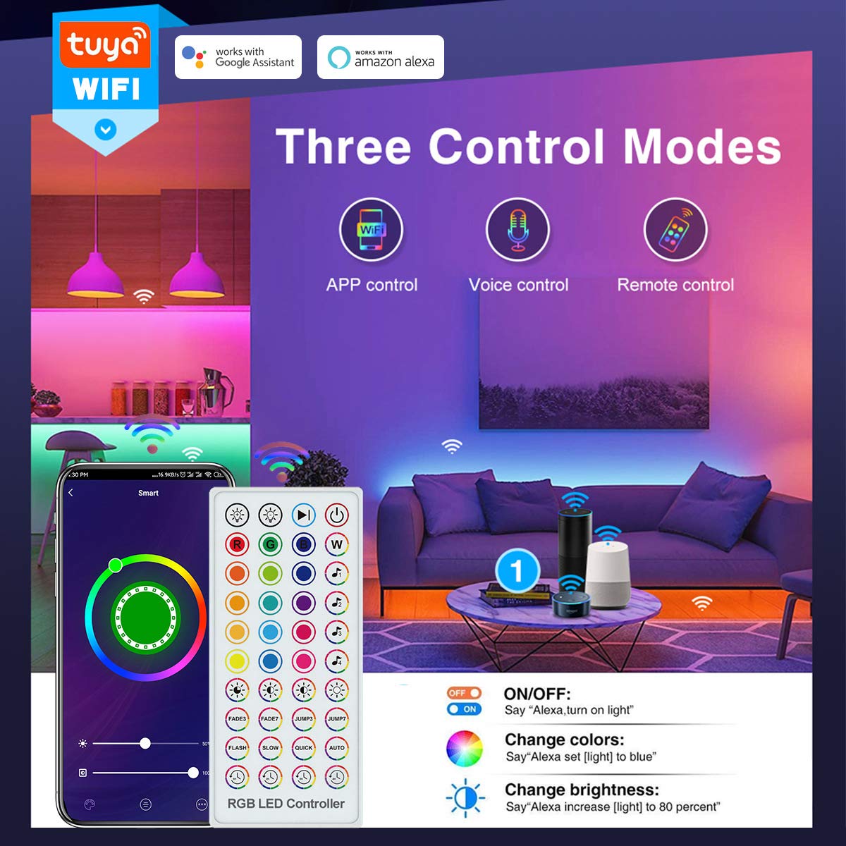 Ototon SMD5050 - Striscia LED 15 m WiFi Intelligent RGB con telecomando 44 tasti compatibile con Alexa Echo, Google Home, decorazione per interni casa (40 m)