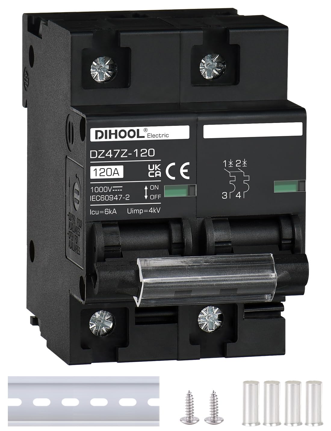 DIHOOL 30 Amp DC Circuit Breaker – DIN Rail Mount, 2P 1000V Miniature Breaker For Solar Panels, UPS, Batteries & Inverters – B-Curve Trip Design