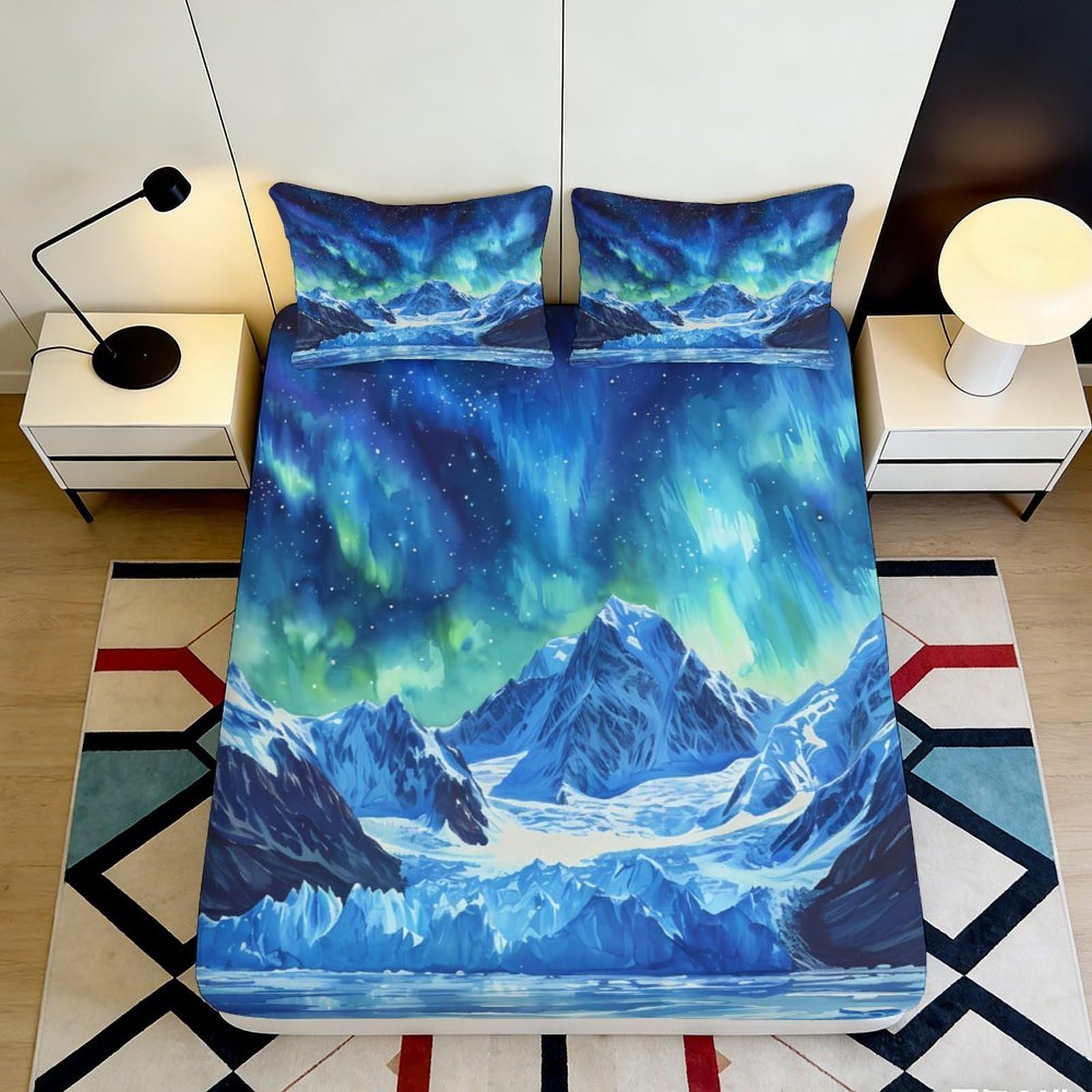 3D Printed Aurora Mountain Fitted Sheet Microfiber Soft Breathable Northern Lights Bed Cover for Bedroom Guest Room Decor 120x200x25cm
