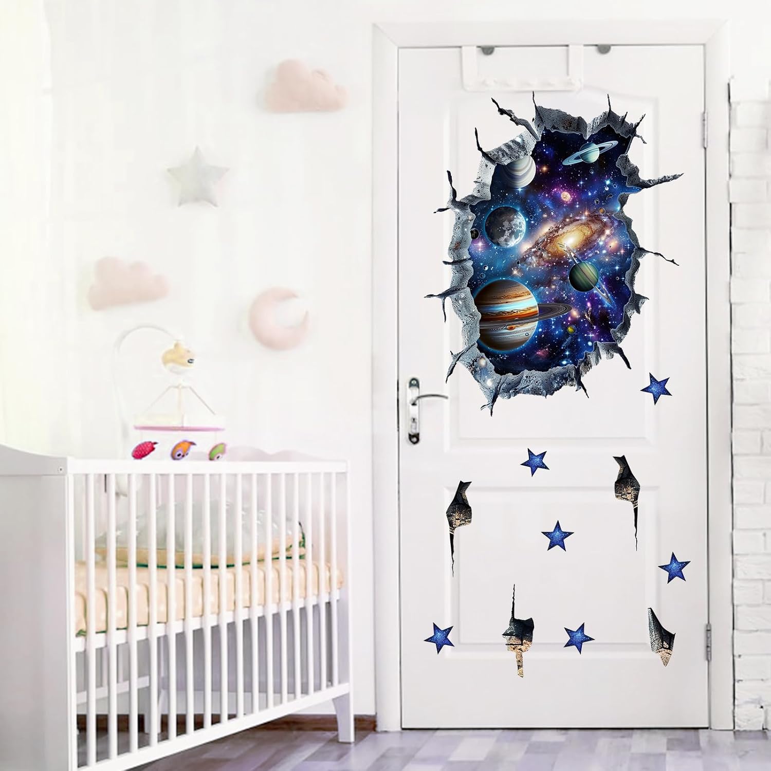 Mfault Outer Space 3D Broken Wall Decals Stickers, Universe Galaxy Planets Stars Nursery Decorations Kids Bedroom Art, Solar System Baby Boys Toddlers Playroom Home Decor