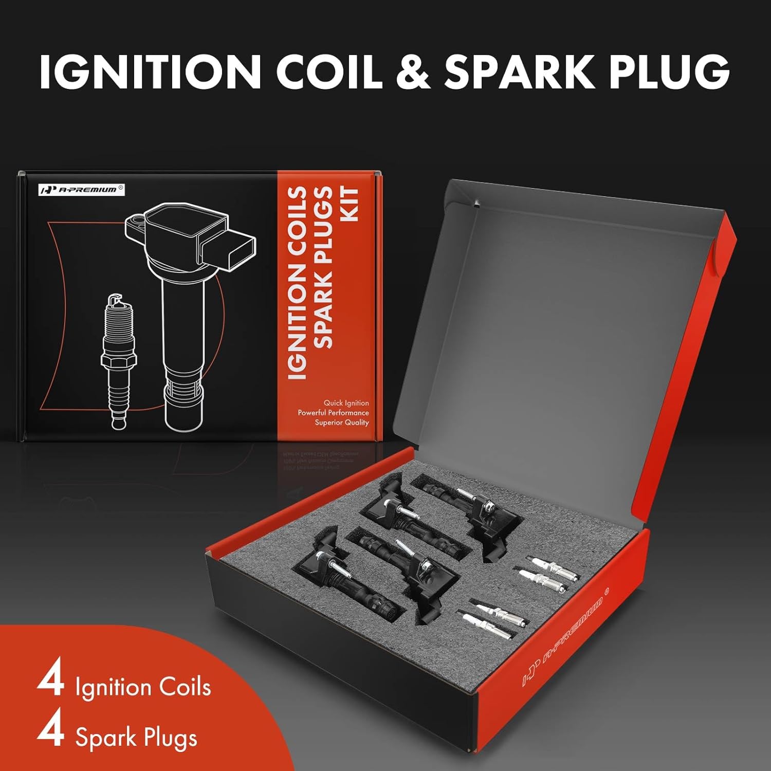 A-Premium Ignition Coil Pack and Iridium Spark Plugs Compatible with Chevrolet Equinox, Malibu & Pontiac G5 Solstice & Saturn Aura & GMC Terrain & Saab 9-5 & Buick LaCrosse, Verano, Regal, 4-PC Set