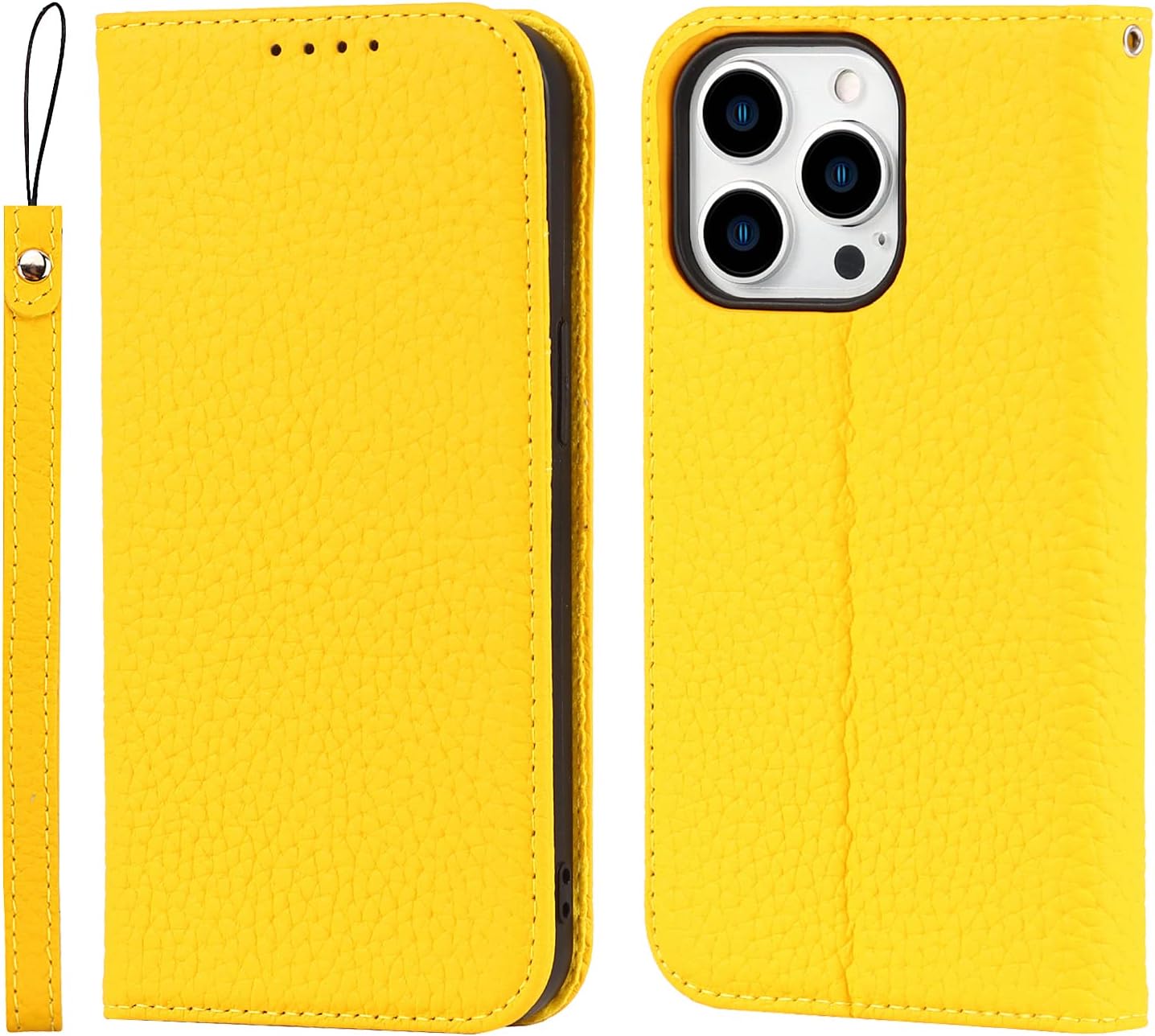 iCoverCase Compatible with iPhone 14 Pro Max Wallet Case with Credit Card Holder and Wrist Strap, RFID Blocking Genuine Leather Flip Magnetic Phone Cover Case 6.7 Inch (Yellow)