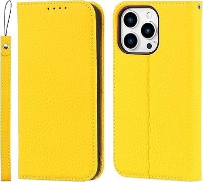 iCoverCase for iPhone 14 Pro Max Wallet Case with Credit Card Holder and Wrist Strap, RFID Blocking Genuine Leather Flip Magnetic Cell Phone Cover Case for iPhone 14 Pro Max 6.7 Inch (Yellow)