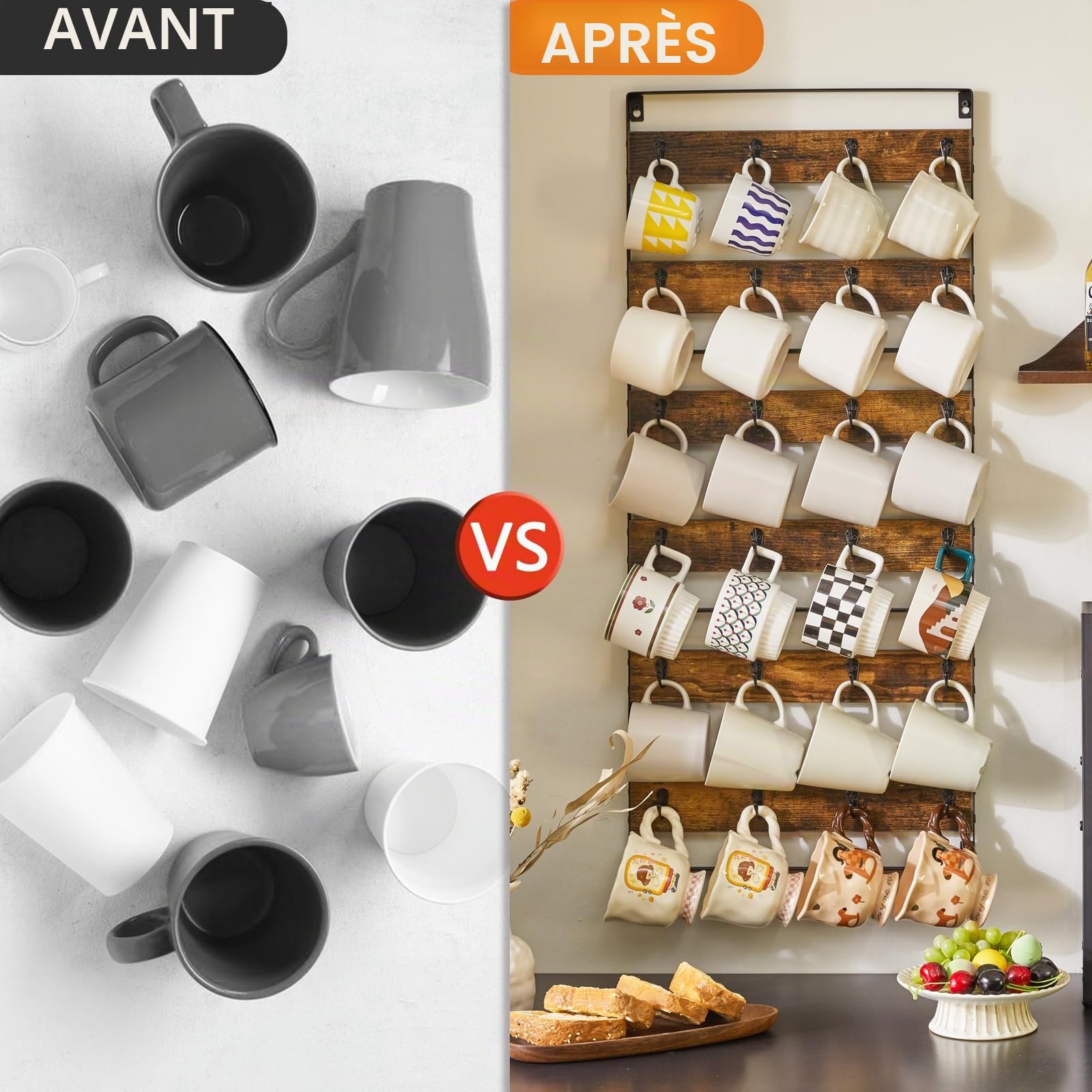 IBUYKE TBJ005H-3 Lot de 3 grands porte-tasses à café mural à 24 crochets en bois rustique pour cuisine, maison, bar, station de café, marron rustique