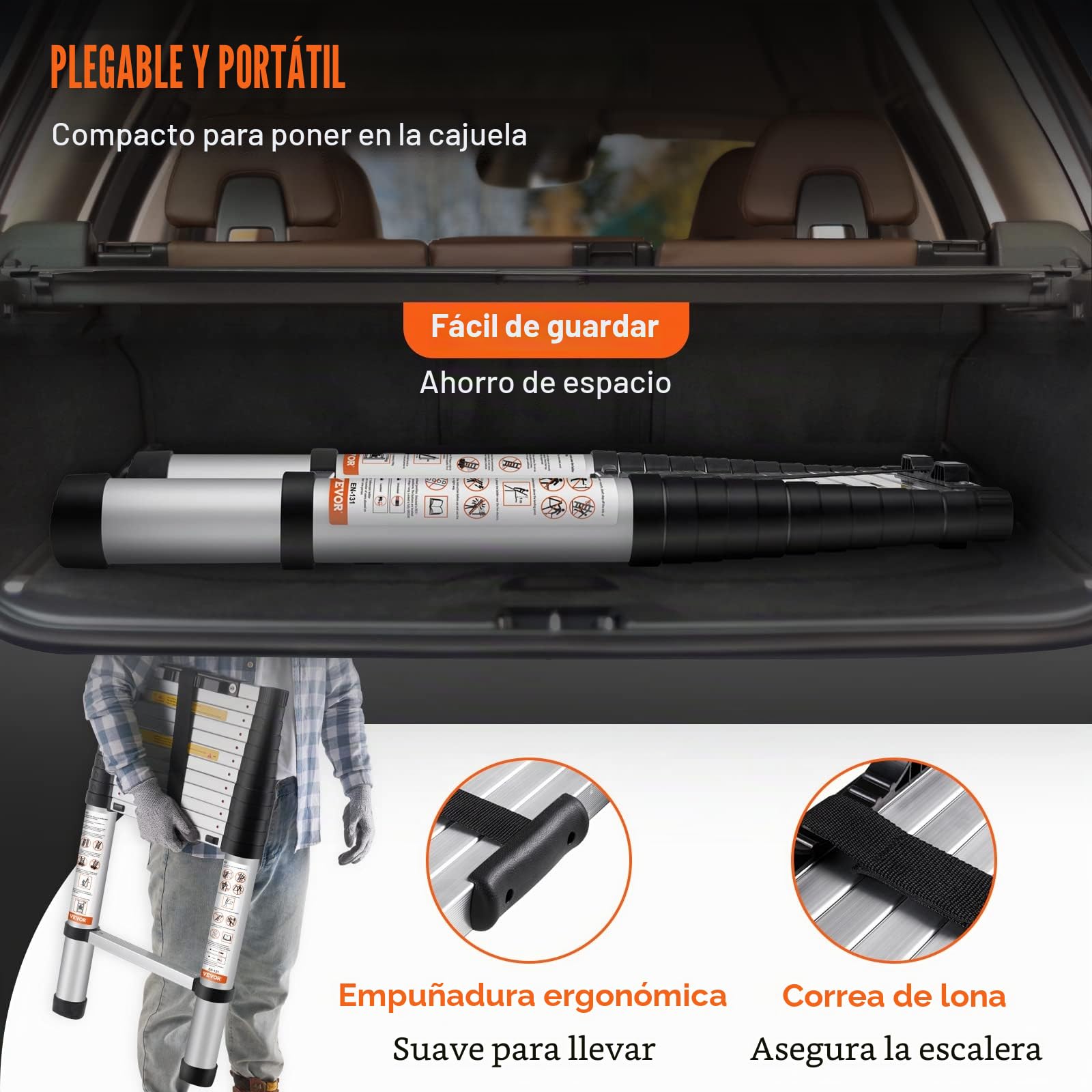 VEVOR Escalera Telescópica de Aluminio Altura de 380cm Escalera de Extensión Plegable Portátil Capacidad de 170kg con Pies Antideslizantes 1 Botón de Retracción para Reparaciones de Hogar Autocaravana