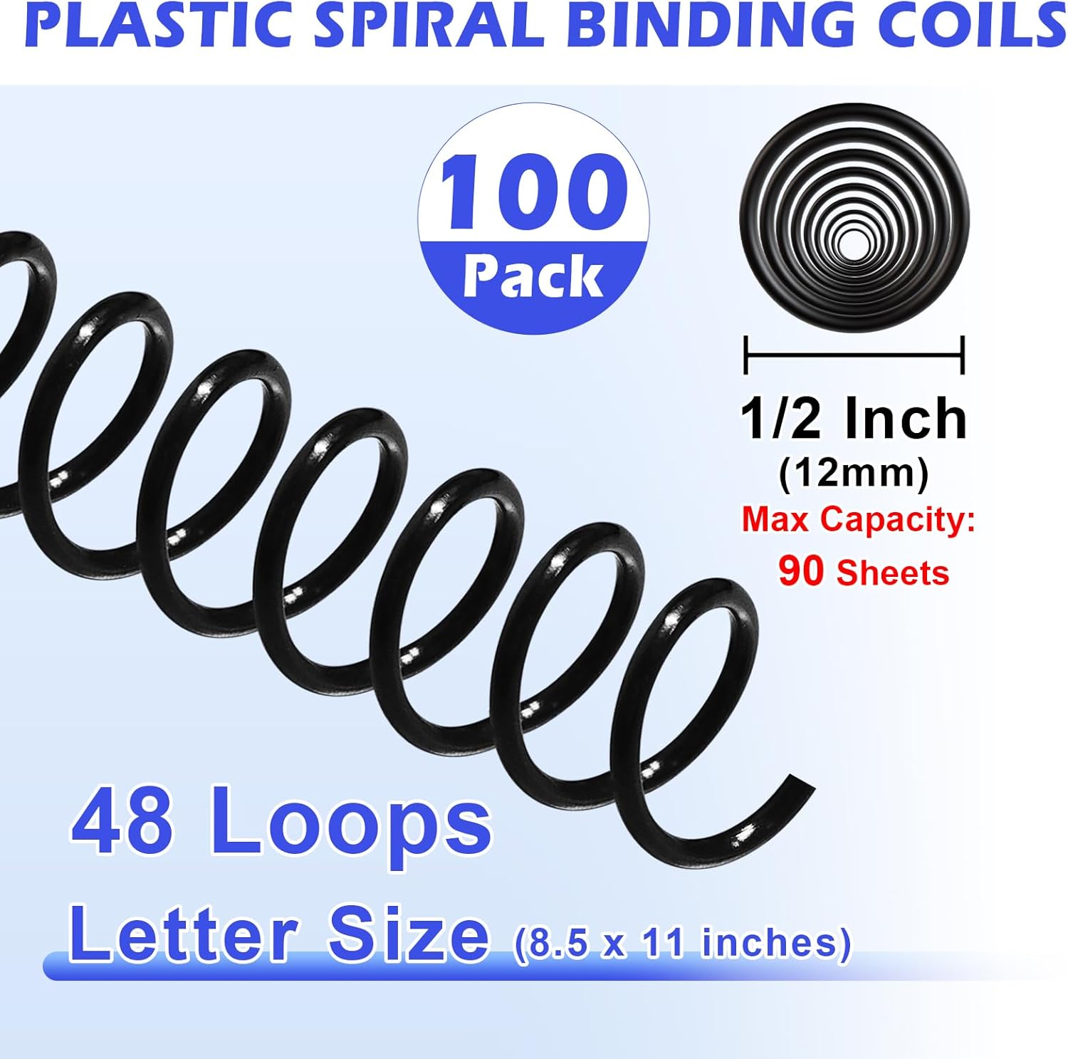 TOTiyea 100 Pack Plastic Spiral Binding Coils, 12mm(1/2") Binding Spirals, 90 Sheet Capacity, 4:1 Pitch, Black