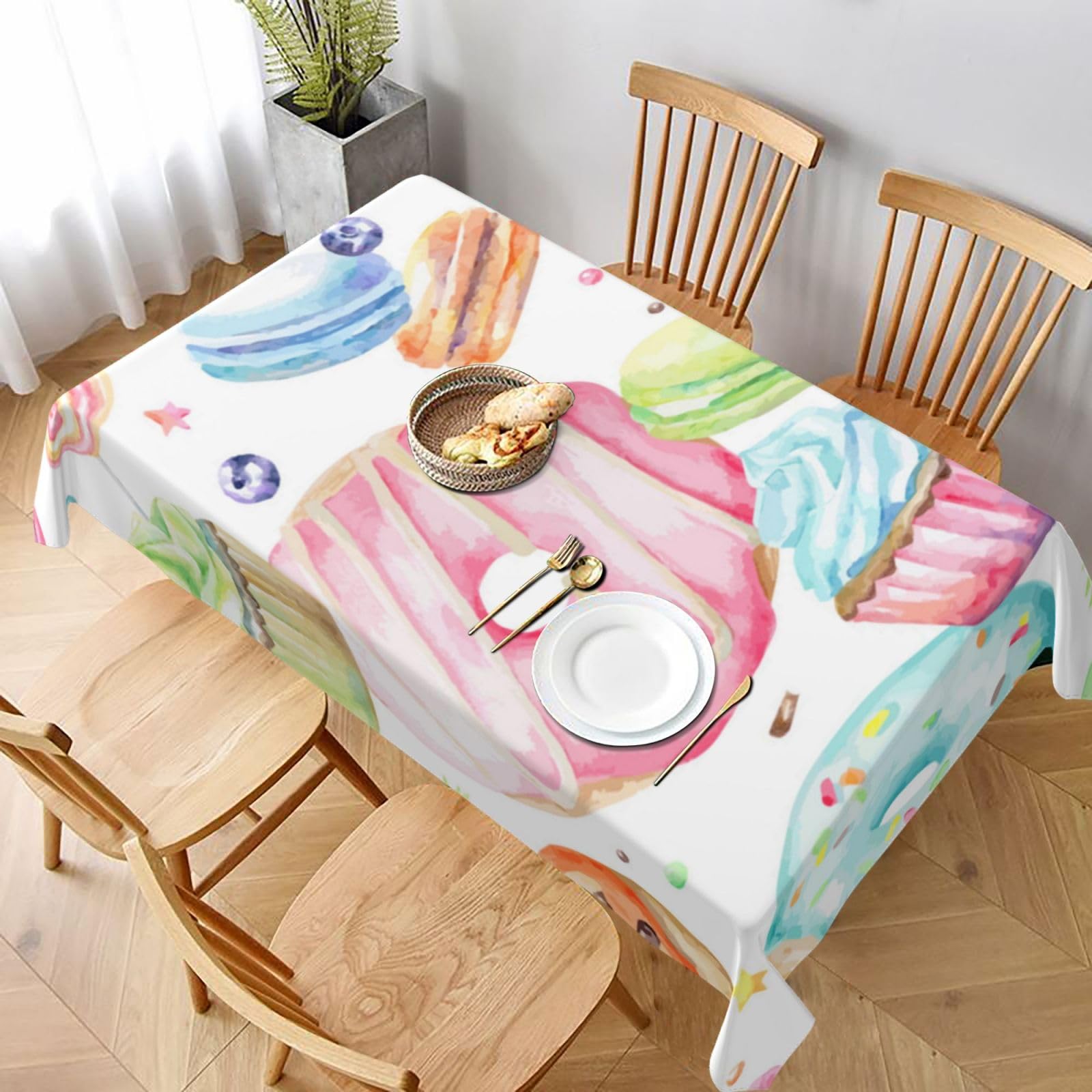BNVSADC Cupcakes Donuts Muffins Sugar Printed Rectangle Tablecloth 228x152 CM, Water Resistant Polyester Table Cloth Decorative Fabric Table Covers for Kitchen Dining Table Parties Camping