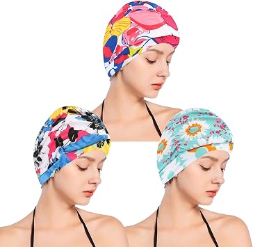 Women Nylon Swim Caps, Fabric Cloth Pleated Elastic Swimming Cap Bathing Cap Swim Hats for Thick Curly Long Short Hair,3 pcs