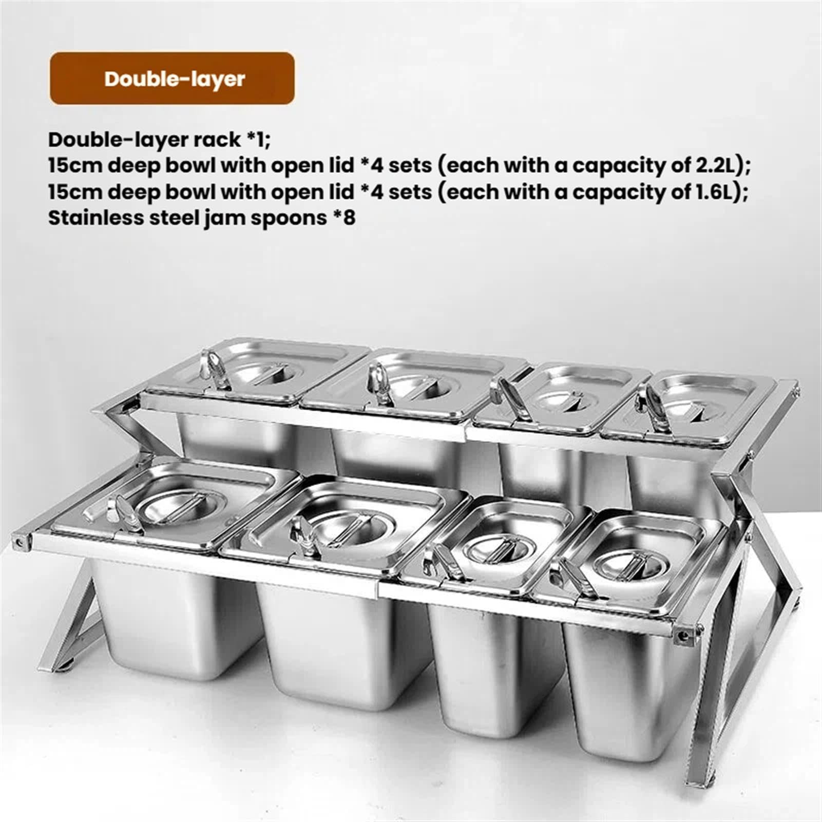 Set di contenitori per condimenti regolabili in acciaio inox con coperchi e cucchiai, perfetti per cucina, buffet, cibo e uso domestico, durevoli, eleganti, facili da pulire