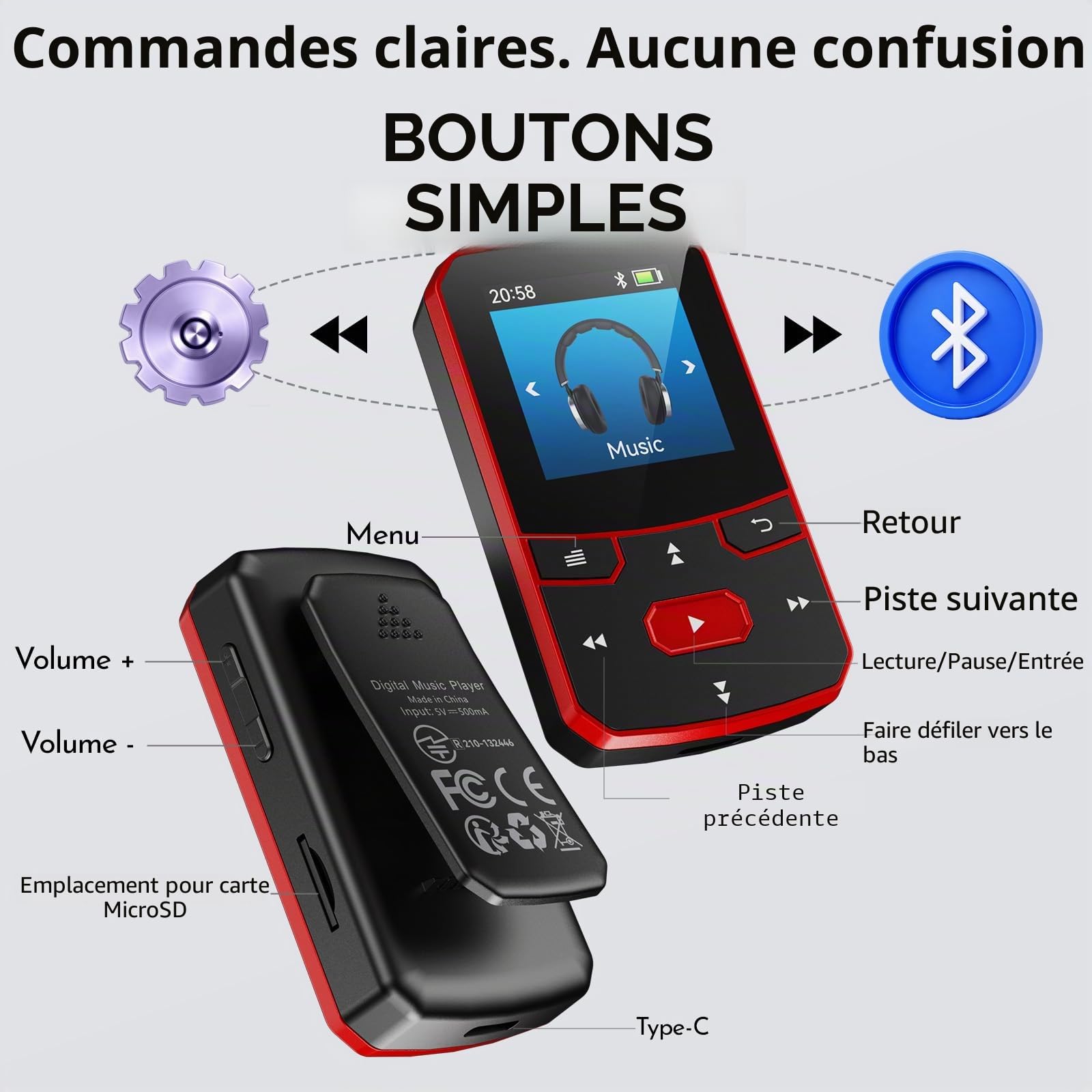 Lecteur MP3 64Go Bluetooth 5.3, Mini Portable 29g Fonction Reprise, Baladeur Numérique Sport Clip avec Boutons Physiques pour Utilisation à l'Aveugle, Radio FM, Dictaphone, Extensible jusqu'à 128Go