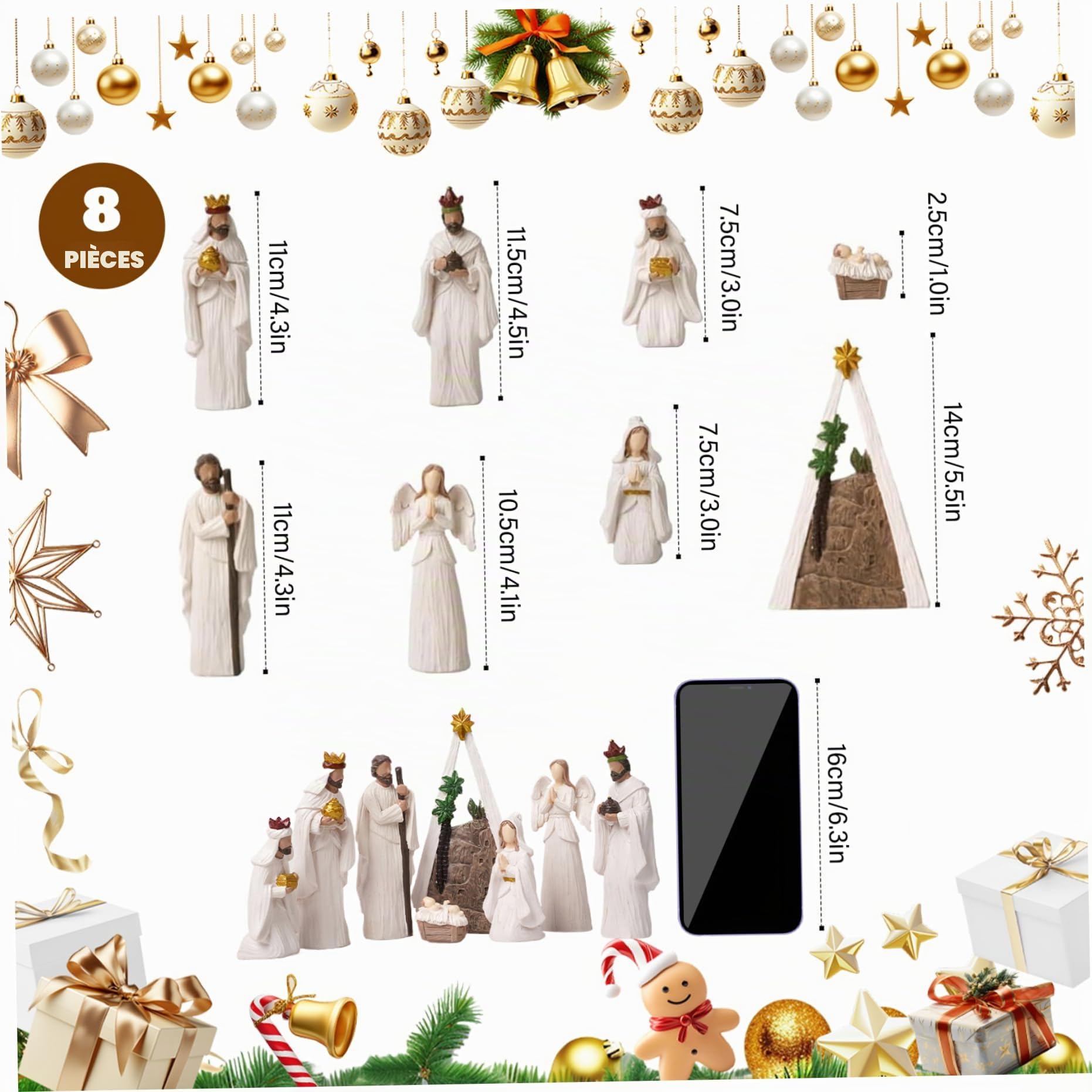 Ensemble de crèches de Noël (8 pièces) - Figurines crèche Modernes en résine Blanche - Ornements Religieux Table - Objets Collection pour décorations Noël