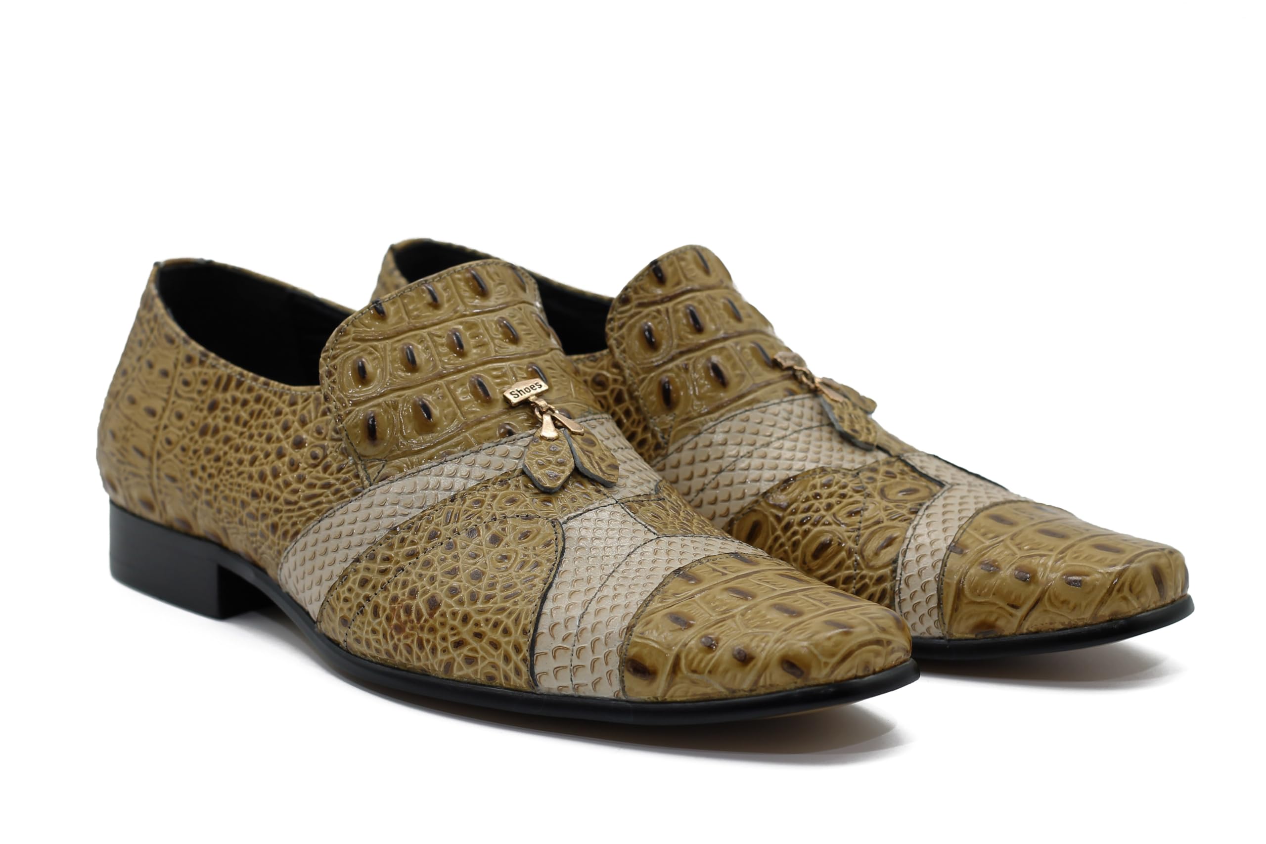 Mocasines con Estampado de Piel de Serpiente Pulida de Cuero auténtico Beige de 2 Tonos para Hombre Zapatos sin Cordones para Vestido de Fiesta