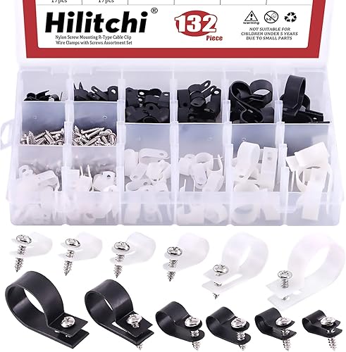 Hilitchi 132 piezas de 6 tamaños de abrazadera de cable de plástico blanco y negro tipo R para cable de montaje de tornillo, kit surtido de clips de
