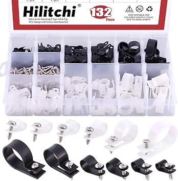 Hilitchi 132 Pcs 6 Sizes Black and White Plastic Cable Clamp R Type Screw Mounting Cord Fastener Cable Clips Assortment Kit with Screws for Wire Management Cable Conduit Clips from 6mm to 23mm