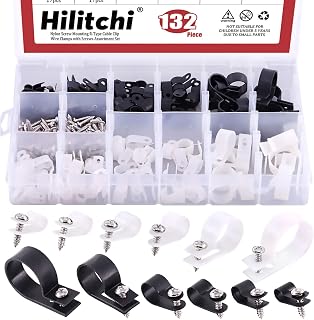 Hilitchi 132 Pcs 6 Sizes Black and White Plastic Cable Clamp R Type Screw Mounting Cord Fastener Cable Clips Assortment Kit with Screws for Wire Management Cable Conduit (Clips from 6mm to 23mm)