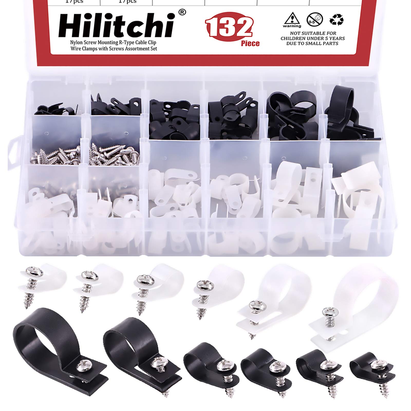 Hilitchi 132 Pcs 6 Sizes Black and White Plastic Cable Clamp R Type Screw Mounting Cord Fastener Cable Clips Assortment Kit with Screws for Wire