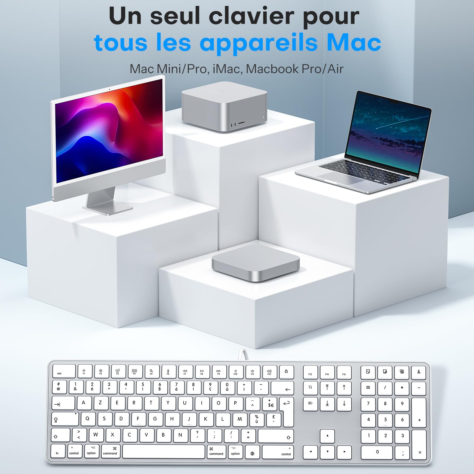 OMOTON Clavier Filaire pour Mac, Câble de Clavier avec Double Port (Type C/USB), AZERTY Français pavé Numérique, Compatible avec Apple Mac Pro/Mini, MacBook Air/Neo, iMac Pro, Argent