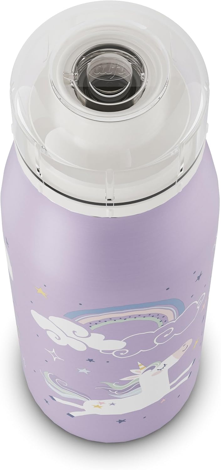 alfi Kids ISO Bottle 350 ml, Purple Unicorn Rainborgen, Insulated Drinking Bottle Children's Stainless Steel, Absolutely Tight Screw Cap, Keeps 12 Hours Hot, 24 Hours Cold, Drinking Bottle for