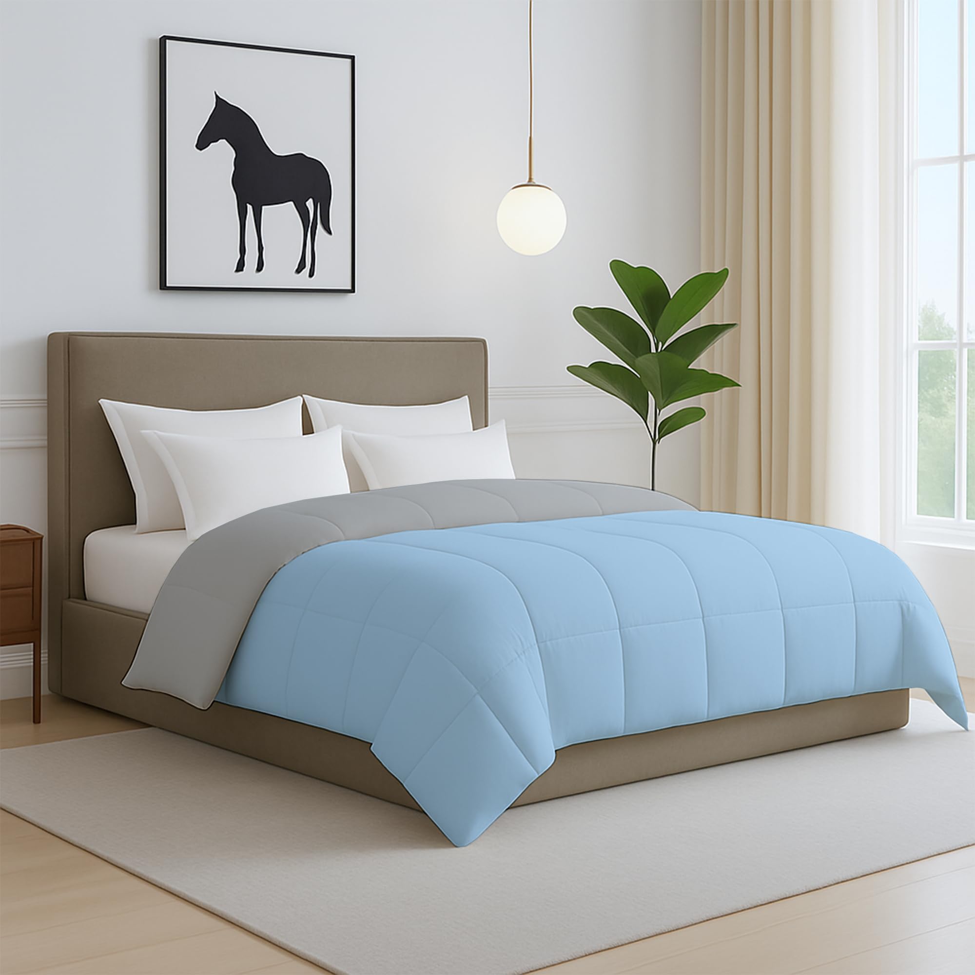 Double Size Lightweight Comforter 300 GSM - Ultra Soft AC Blanket, Reversible Light Blue & Grey Quilt, Breathable Summer Comforter with Corner Ties