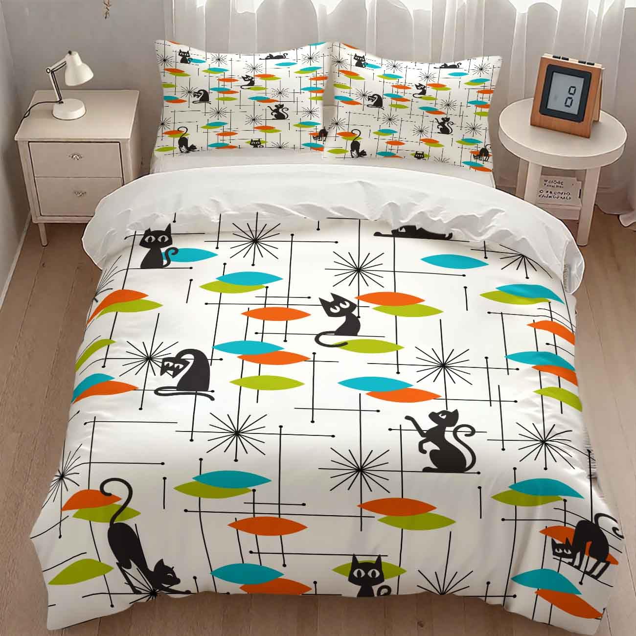 Mid Century Bedding Set,Retro Black Cat 1950s 1960s Abstract Atomic Colorful Geometric Pattern Modern Comforter Set with Pillowcase for Bedroom Bed Decor,Full 79"x90"