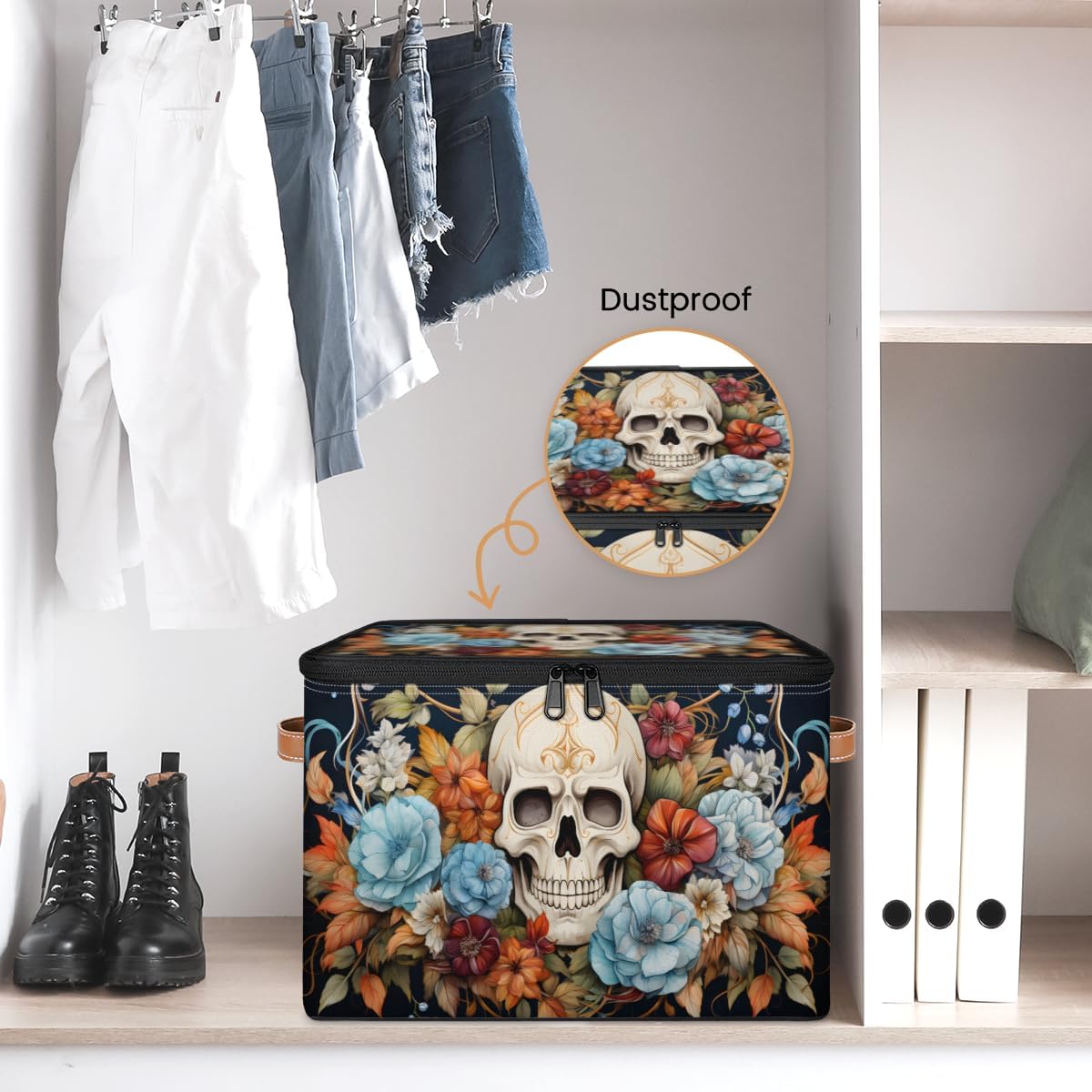 Storage Bin Set of 2 Sugar Skull Flower Storage Basket with Zipper Lid & Handle Foldable Closet Shelf 2 Pack Cloth Organizer Basket Cube Bins Clothes Organizer for Bedroom, Nursery