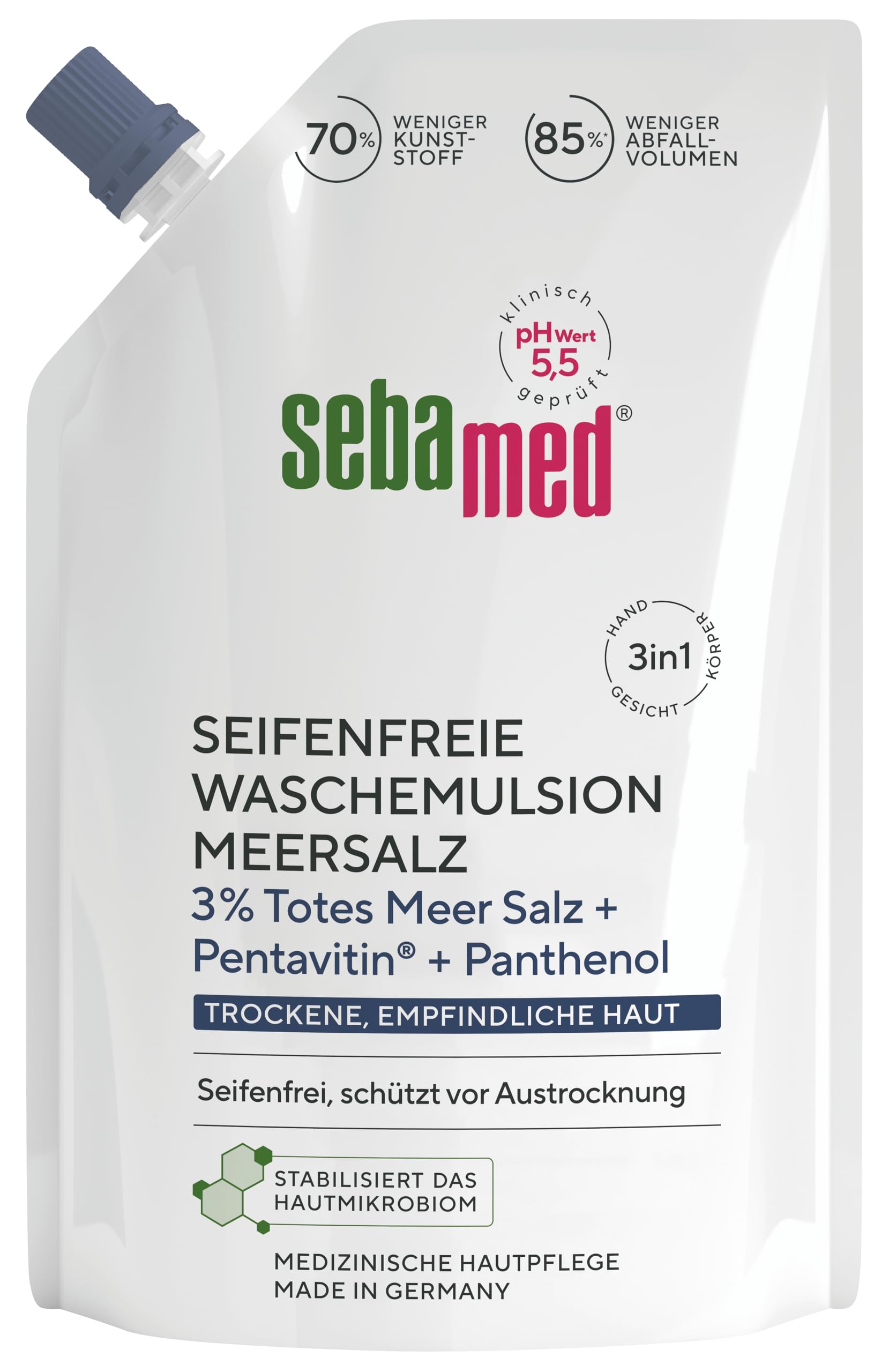 SEBAMED seifenfreie Waschemulsion Meersalz Nachfüllbeutel 400 ml, für eine besonders milde Reinigung der trockenen und empfindlichen Haut, zur Hand-, Gesichts- und Körperreinigung geeignet