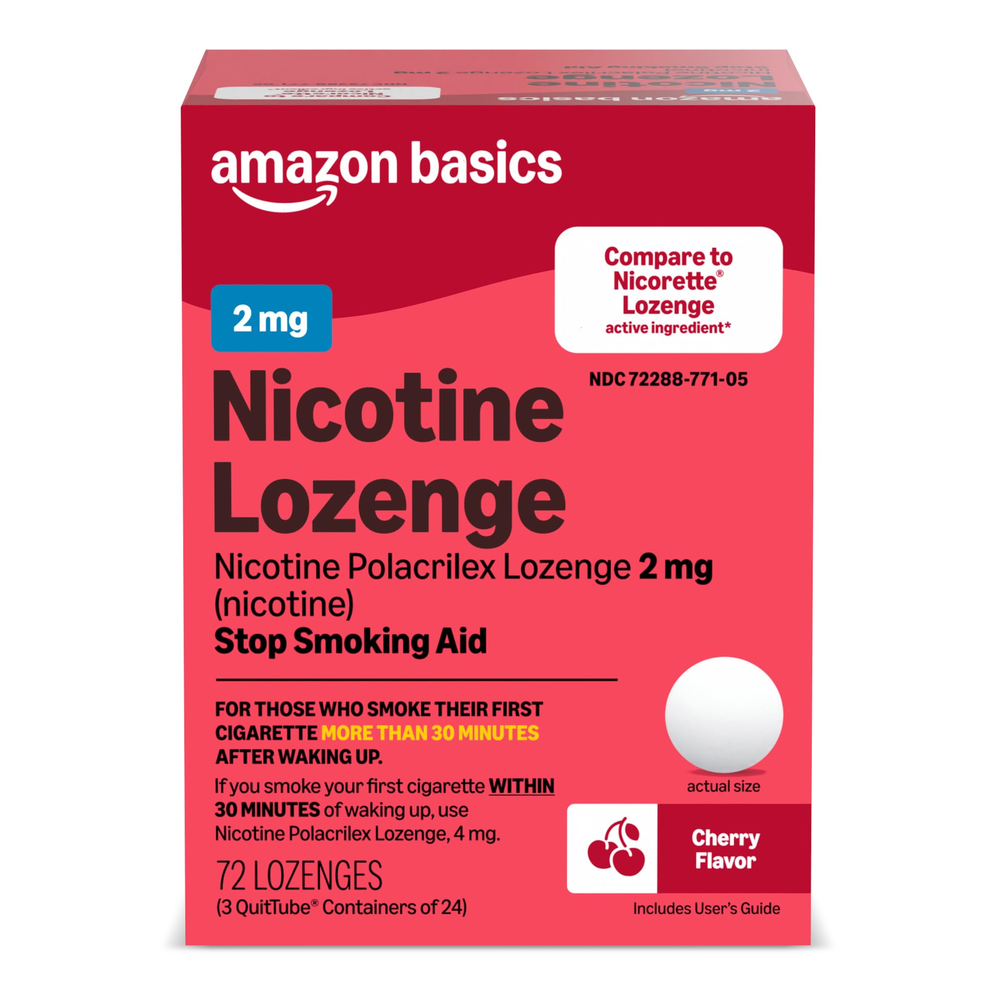 Amazon Basics Nicotine Polacrilex Lozenge 2 mg, Cherry Flavor, Stop Smoking Aid, 72 Count (Previously Amazon Basic Care)