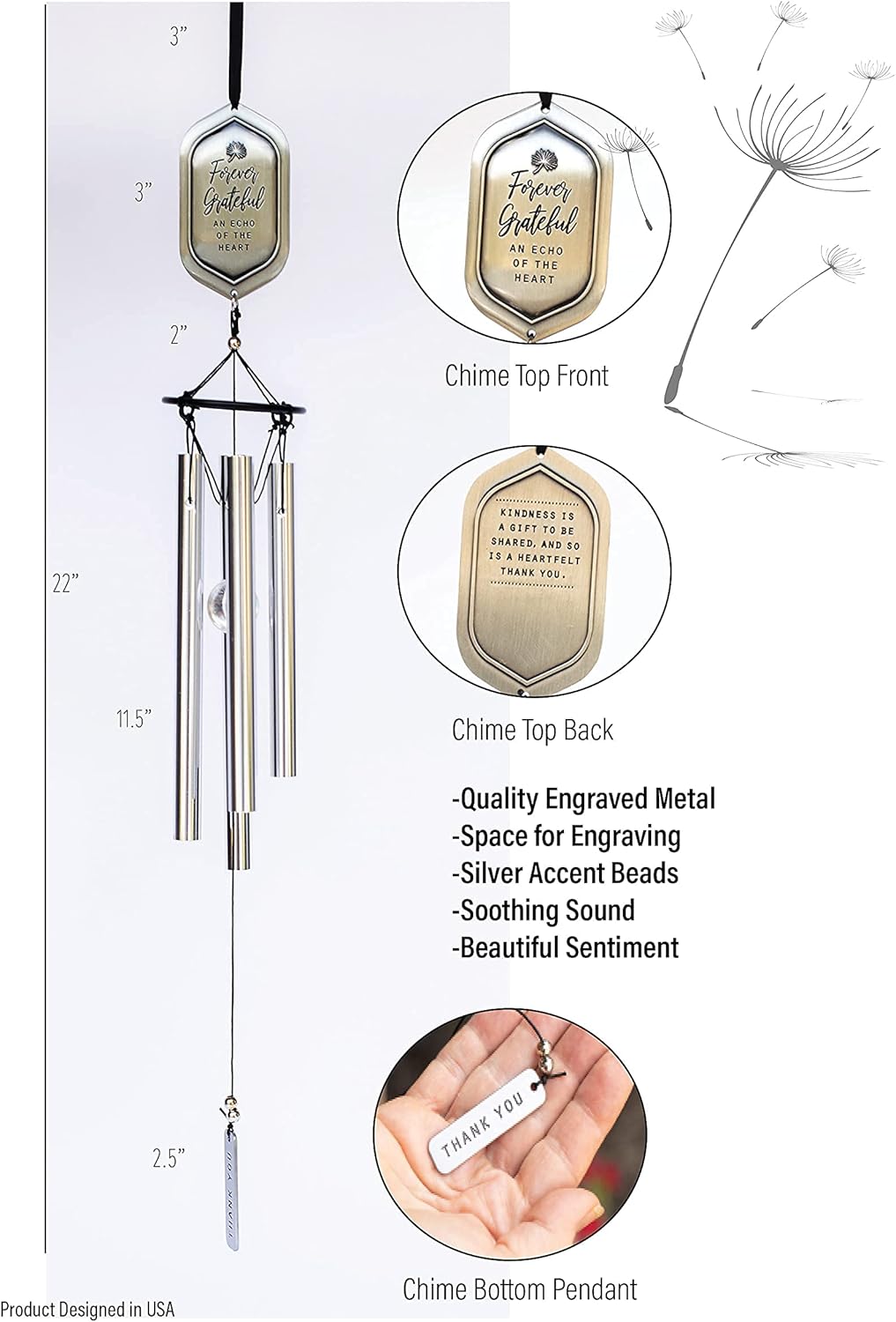 Unique Thank You Gift Set- Forever Grateful Wind Chime with Engraved Thank You Message and Beyond Blessed Angel with Thank You Sentiment- Appreciation Gift/Gratitude Gift