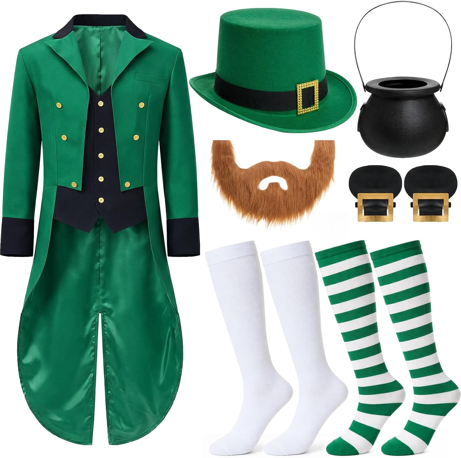 Shihanee 7 Pcs St Patrick's Day Outfit Leprechaun Costume Men's Leprechaun Suit Accessories with Hat for Adult