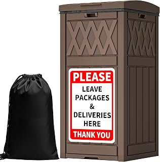 YITAHOME Package Delivery Box with Lift-Out Bag, 31 Gallon Waterproof Parcel Drop Box with Sign, Resin Porch Package Container for Curbside& Outdoor Use, Dark Brown