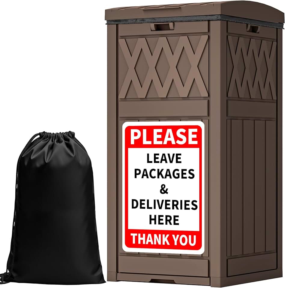 YITAHOME Package Delivery Box with Lift-Out Bag, 31 Gallon Waterproof Parcel Drop Box with Sign, Resin Porch Package Container for Curbside&amp; Outdoor Use, Dark Brown