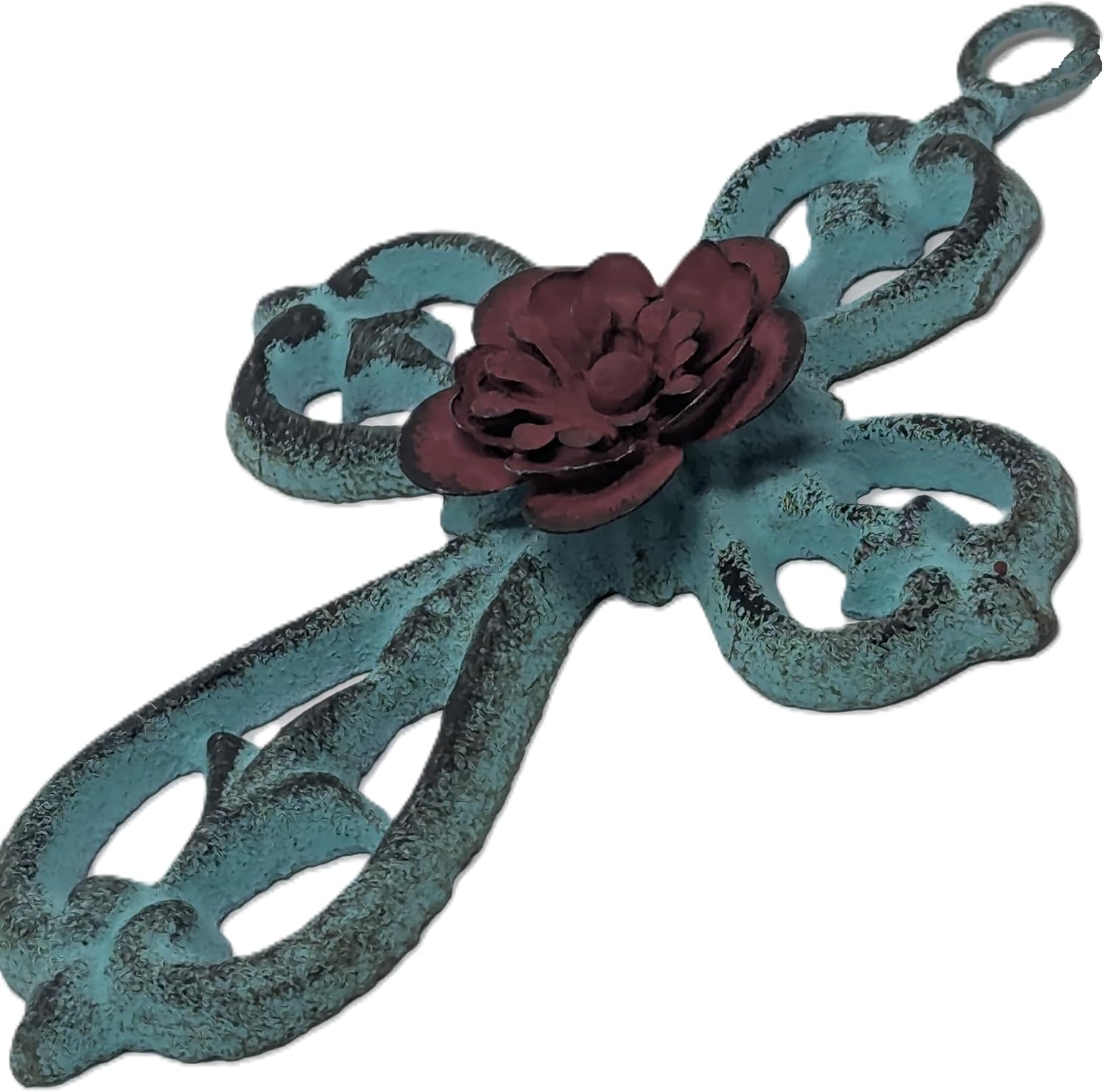 Turquoise & Red Metal Wall Cross – Antique Cast Iron Christian Decor for Home, Office, Prayer Room – Distressed Western Cross with Floral Accent, Vintage Farmhouse Religious Wall Art, 6.1” x 4.25”