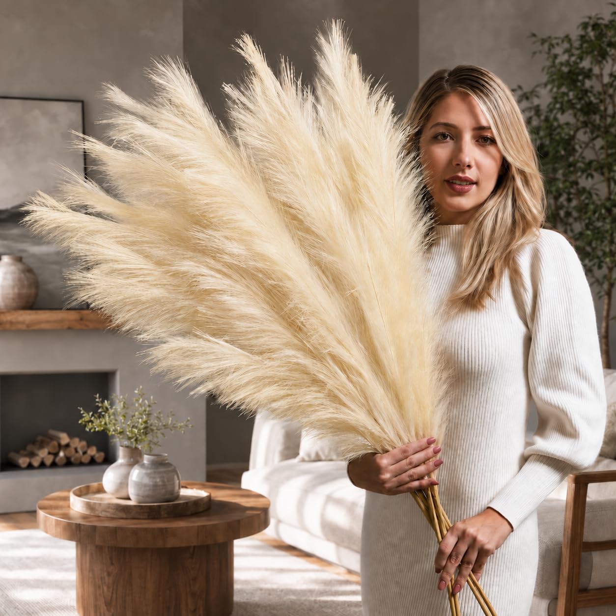 Beige Tall Pampas Grass Artificial, 3x 115cm Stems Pampas Grass Bouquet | Extra Large For Tall Vases Floor Standing, Bendable Wire Stem Pampas Grass Decor, Long Lasting, No Shedding Or Watering