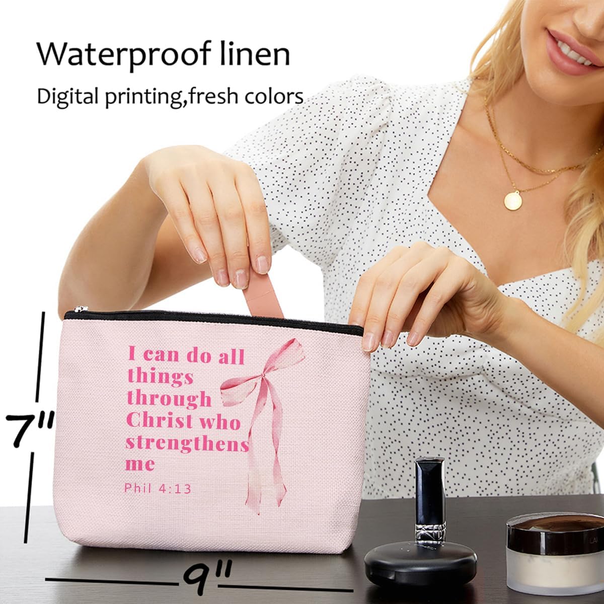 Coquette Bow Makeup Bag for Women, Bible Verse Portable Travel Organizer Toiletry Cosmetic Bag with Zipper, Roomy Makeup Bags Skincare Pouch Travel Accessories, Christian Gifts - Image 5