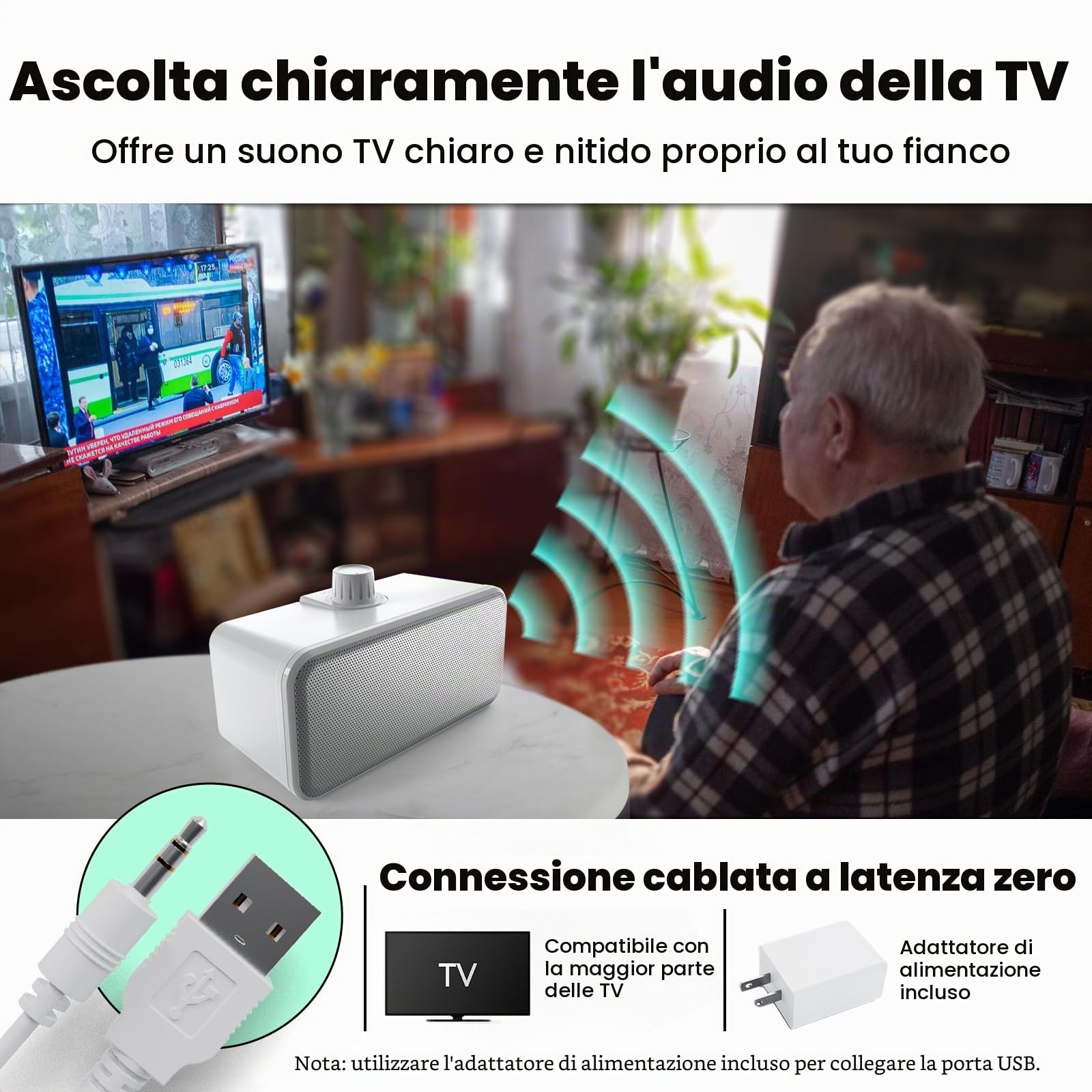 ANSTEN Altoparlanti per TV, Plug and Play, Clear Voice Amplificatore TV con Cavo Lungo 5m per Anziani e non Uditivi, Nessun Ritardo Audio