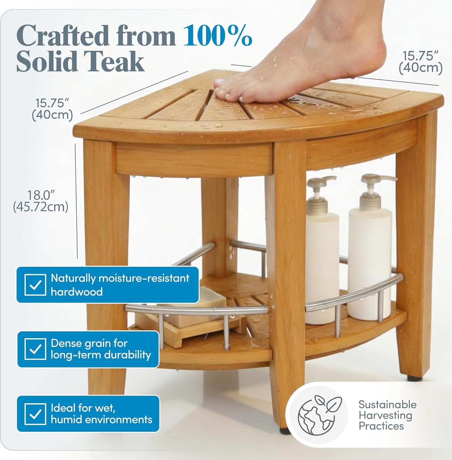 AquaTeak Patented 15.5" Kai Stainless Corner Teak Shower Bench - Shower Stool with Storage Shelf for Bathroom - Water Resistant Shower Chair with Teak Oil & Cleaner CareKit - Shaving Foot Rest