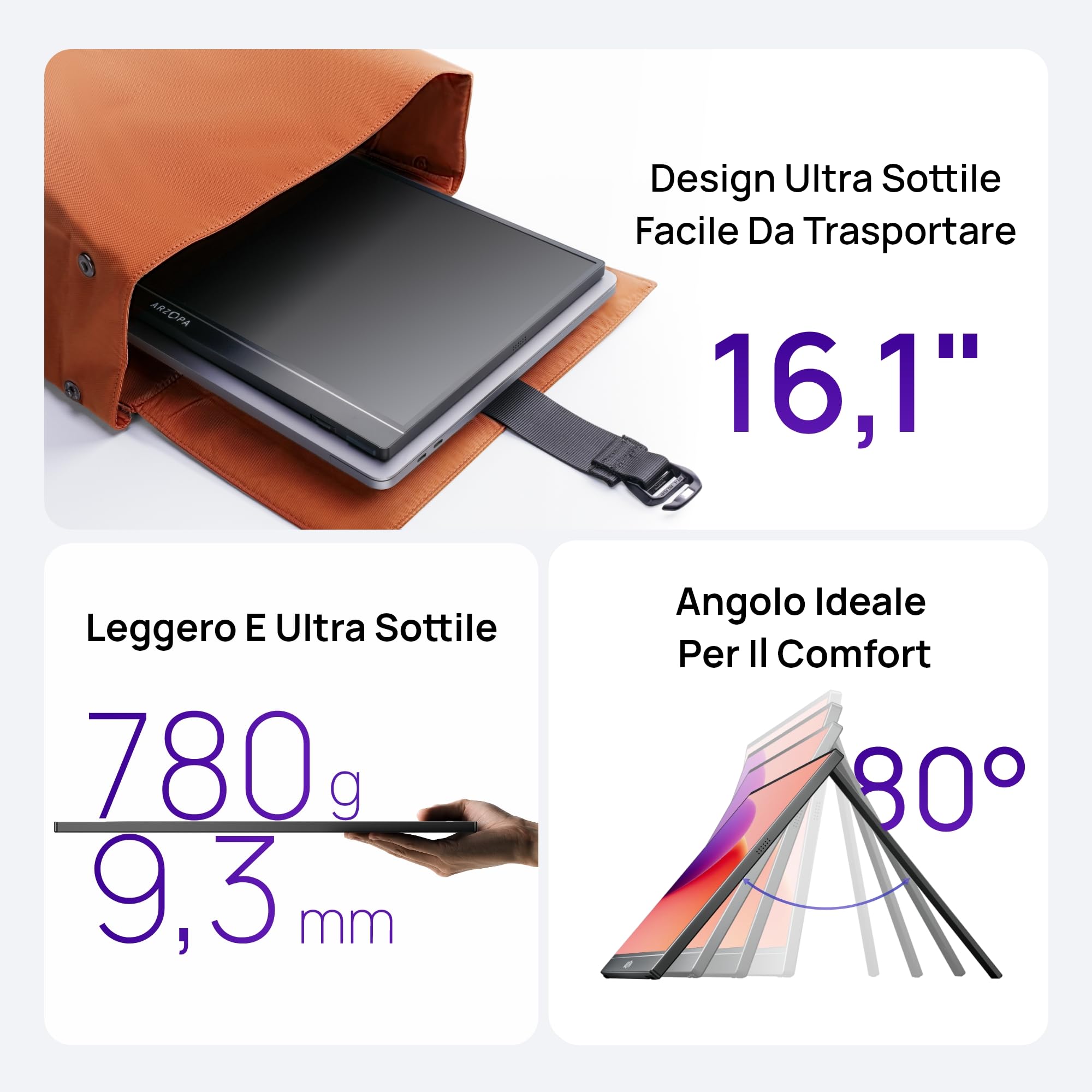ARZOPA Monitor Portatile 16.1" IPS FHD 1080P HDR10 Ultra Sottile 9.3mm Altoparlanti Integrati Z1C