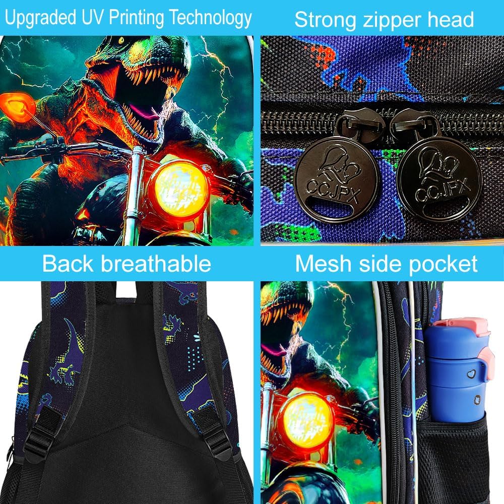 KLFVB 3PCS Dinosaur Preschool Backpack Set, Water Resistant 16" Bookbag for Boys with Lunch Box - Motorcycle Dinosaur