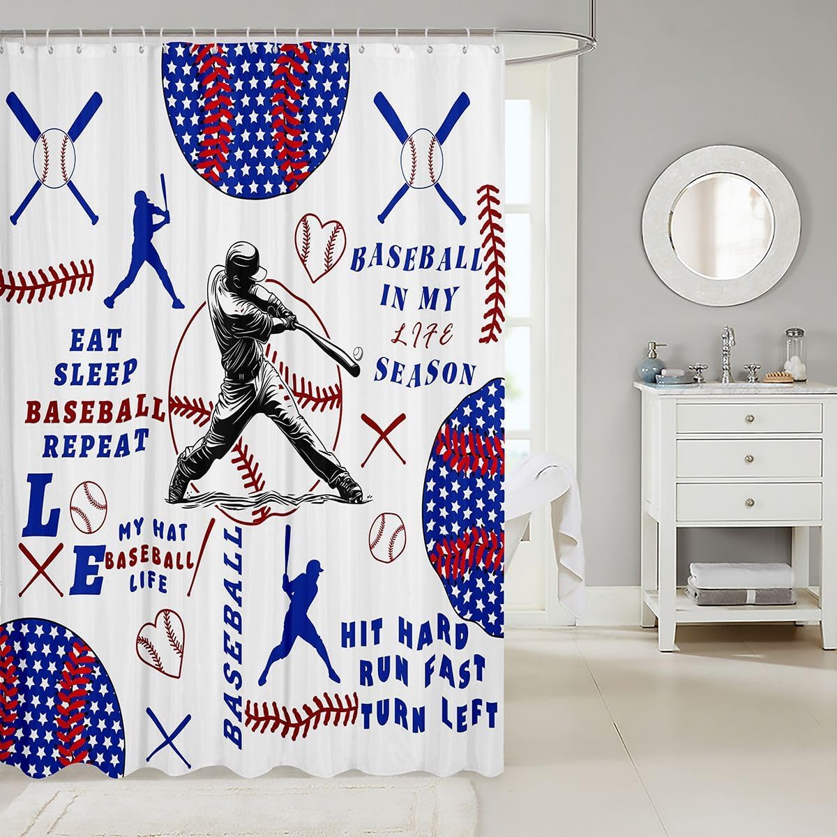 Feelyou Personalized Baseball Shower Curtain Eat Sleep Baseball Bath Curtain Sports Lover Bathroom Waterproof Accessories with 12 Hooks White Red Blue Waterproof Polyester Star Print,72x72 Inches image 2