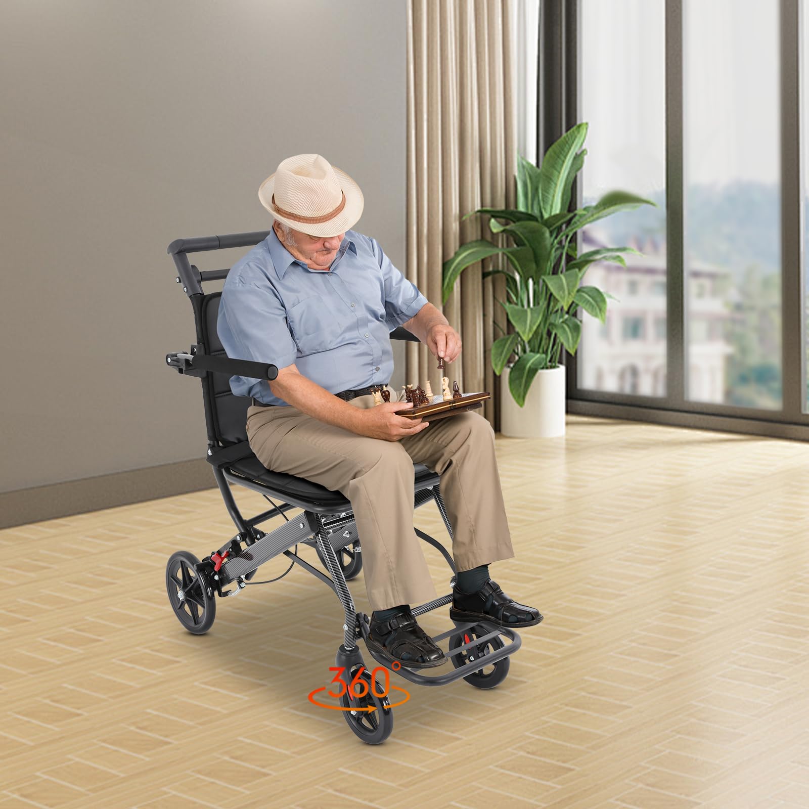 Wózek inwalidzki Wheelchair, składany, lekki, transportowy wózek inwalidzki z hamulcem i regulowanymi podłokietnikami, dla dorosłych, obracane o 270°, podłokietniki, aluminiowy, wózek inwalidzki do