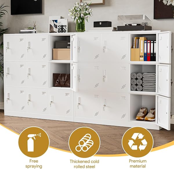 9 Door Locker, Stackable Locker Unit with Lock and Ventilation, Cold-Rolled Steel Cabinet, for Factory, Office, School, Gym, White - 4